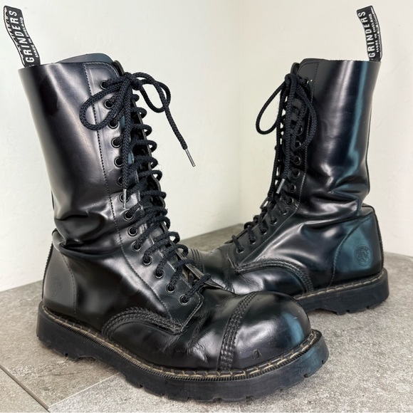 GRINDERS Black Leather 14 Eyelet Tall Steel Toe Boot UK 10 US 11 - Picture 1 of 11